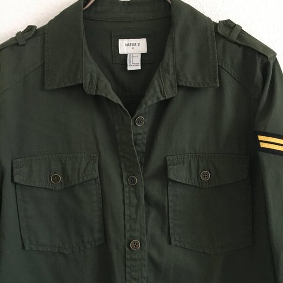 Forever 21 Womens L Military Shirt Button Up Embroidered Patch Cotton Green - Picture 2 of 12